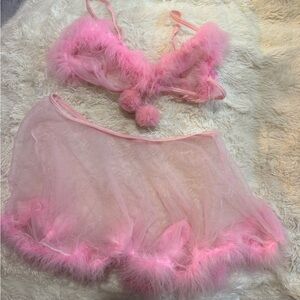 Pink Feathered Lingerie Set small top and skirt + free fuzzy hair tie